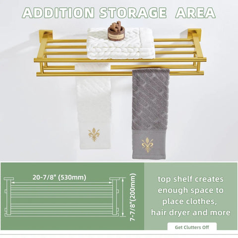 Brushed Dark Gold Stainless Steel Towel Rack With Double Bar Holder For Bathroom Wall Mount SUS 304 Durable Towel Shelf 23.62 Inches