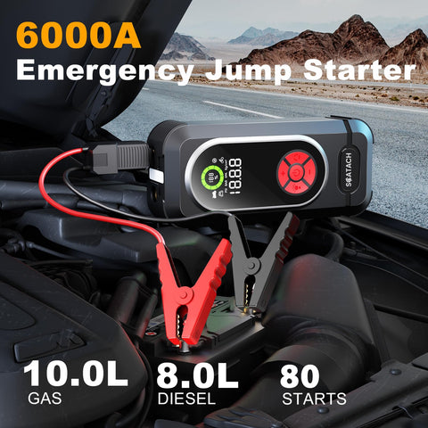 Beefed Up Jump Starter With Air Compressor And Tire Inflator 150 PSI Portable 12V Jump Box on car engine with cables attached