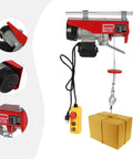 Heavy Duty 1200W Electric Hoist Winch 110V Pure Copper Motor with control and hook lifting a box