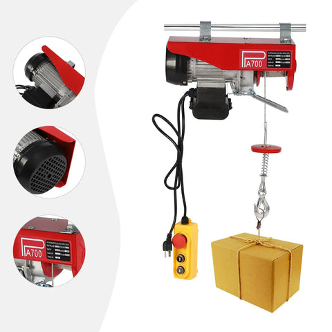 Heavy Duty 1200W Electric Hoist Winch 110V Pure Copper Motor with control and hook lifting a box