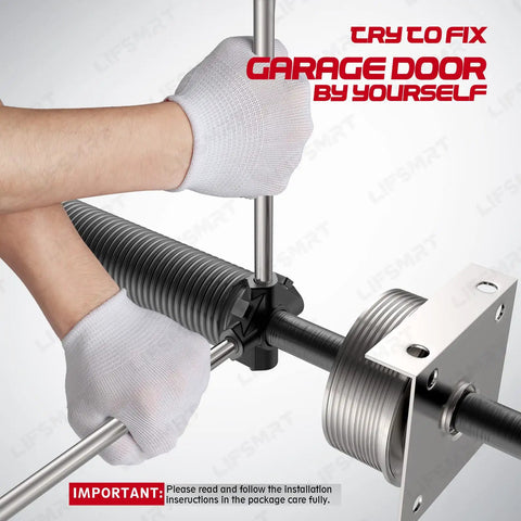Heavy Duty 2 Inch Garage Door Torsion Springs Replacement Set With Aluminum Stationary And Winding Cones Includes 17.5 Inch Winding Bars Left And Right Springs And 18,000 Plus Cycles For Durable Home Garage Door Replacement And Installation image showing hands using winding bars on a torsion spring.