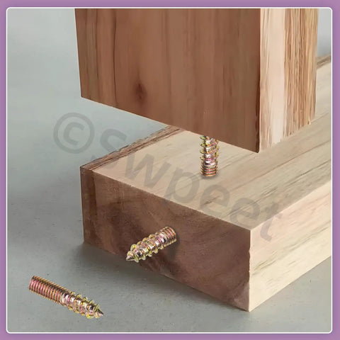 Heavy Duty Zinc Plated Hanger Bolts Assortment Kit Double Ended Dowel Screws For Wood Furniture Assembly, inserted in wood.