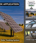 Solar tracking system with angled PV panels on a metal frame; ECO-WORTHY motor controller module in corner.
