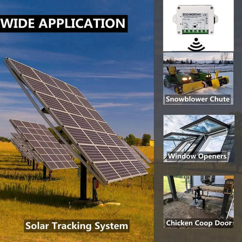 Solar tracking system with angled PV panels on a metal frame; ECO-WORTHY motor controller module in corner.