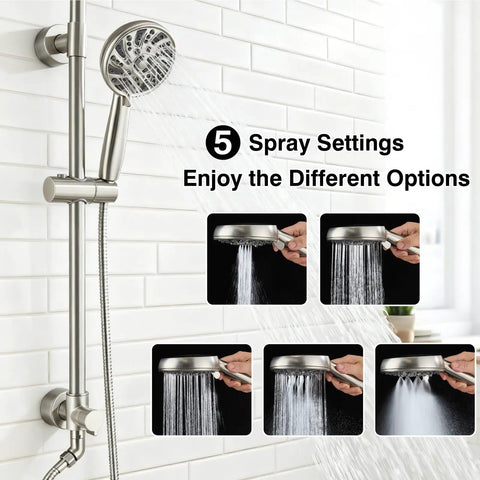 Retrofit Rain Shower System With 8 Inch Rainfall Shower Head, 5-Setting Handheld Spray, Slide Bar, Brushed Nickel Finish