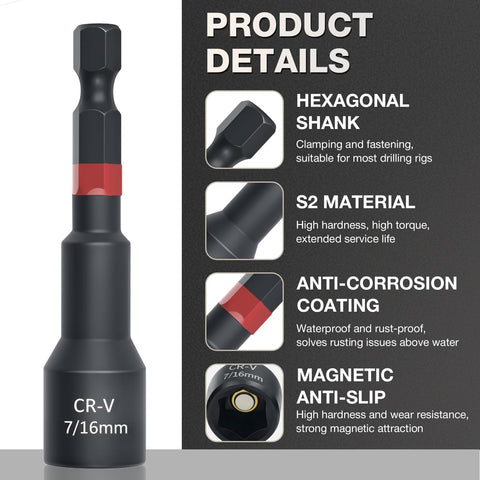 80 Piece Magnetic Impact Nut Driver Set With SAE And Metric Sockets showing hexagonal shank and CR-V 7/16mm detail