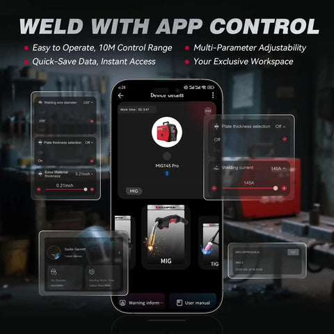 ARCCAPTAIN MIG145 Pro Flux Core MIG Welder 145 Amp 120 Volt 3 In 1 Synergic Control Easy Start For Beginners showing app control interface.