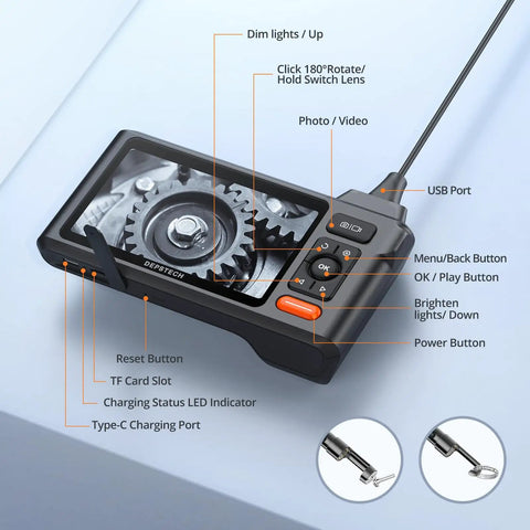 50Ft SemiRigid Endoscope Camera With Light And 5 Inch IPS Screen Triple Lens Sewer Inspection Borescope 1080P controls