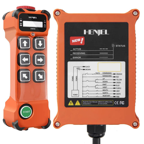 6 Button Industrial Wireless Crane Remote Control For 24V To 264V Electric Chain Hoist Overhead Bridge And Traveling Cranes 6 Channel Pro Grade Long Range Interference Free Transmitter And Receiver Set With 100 Meter Reach And 360 Degree Control showing front view of transmitter and receiver
