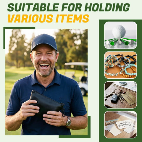 Valuables Golf Pouch Set Two Pack PU Leather Tee Bags With Waterproof Zippers And Velvet Lining in use on golf course