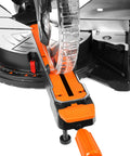 Pro Level 15 Amp 12 Inch Dual Bevel Sliding Compound Miter Saw cutting mechanism with orange details and compact design.