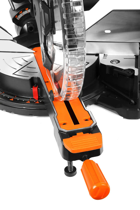 Pro Level 15 Amp 12 Inch Dual Bevel Sliding Compound Miter Saw cutting mechanism with orange details and compact design.
