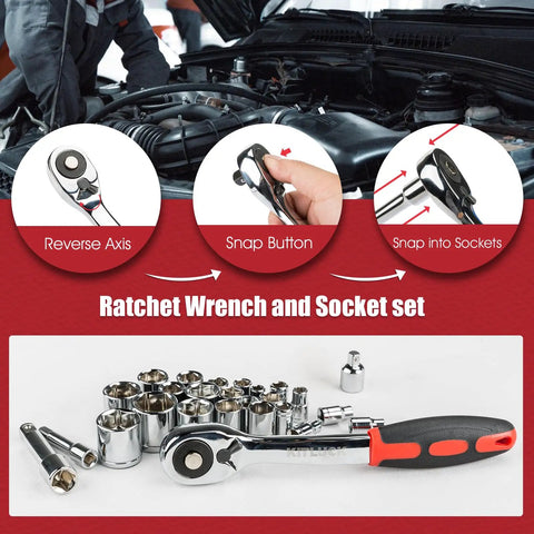 Ultimate 228-Piece Home Tool Kit Set With Screwdrivers, Wrenches, Pliers, Sockets, Saw, Knife And More displayed with socket set