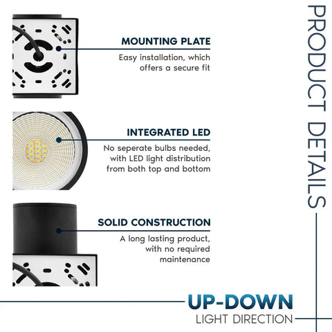 Diagram featuring mounting plate, integrated LED, and solid construction of Lit Up And Down Outdoor LED Wall Lights With 5 CCT Adjustable.