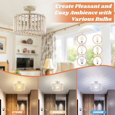 Wood Beaded Boho Ceiling Light Fixture With 2 Light E26 Socket Semi Flush Mount Chandelier in living room plus lighting effects