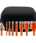 Diamond core drill bit kit with orange bits (6–35mm), 35mm diamond chamfer finger bit and 6mm carbide tips in a black case