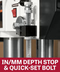 Close-up of the depth stop and quick-set bolt on the 17 Inch Floor Drill Press With 16 Speed Options And 3/4 Horsepower Motor.