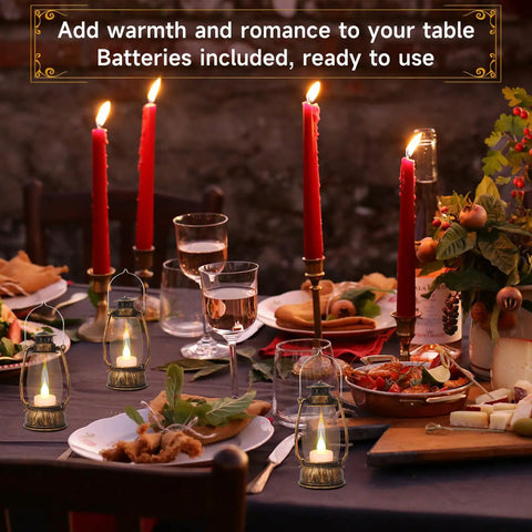12 Pack Mini Lanterns With Flickering LED Candles, 6 Inch Vintage Western Lanterns on dining table setting for cozy rustic decor