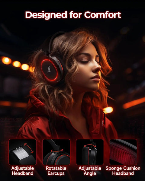 A person wearing Wireless Gaming Headset With 7.1 Surround Sound, 2.4Ghz USB Dongle And Bluetooth 5.4, with RGB lighting and comfort features.
