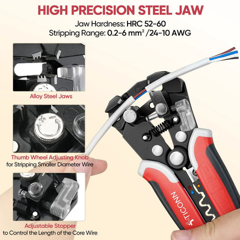 3 In 1 Wire Stripper Cutter And Crimping Pliers For 24 10 AWG, ergonomic red handle, high precision steel jaw close-up.