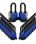 Beefy 4 Pack Keyed Alike Padlocks With Long Shackle Laminated Steel Construction Chrome Finish Same Key Opens All Locks 1 9 16 Inch Wide Body Heavy Duty Padlock Set For Home Garage Locker Security in a large group with keys, showing all padlocks aligned.