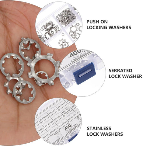 Large Lock Washer Assortment Kit With 400 Stainless Steel Internal And External Serrated Tooth Washers M2 for vibration control