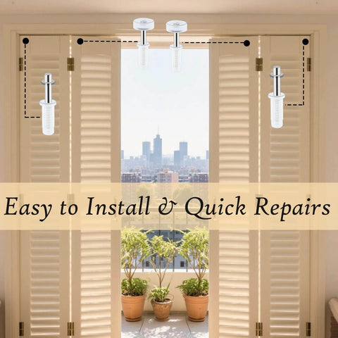 Six Piece Bi Fold Door Top Roller Guide Wheel And Top Pivot Spring Loaded Bifold Door Hardware Repair Kit installed on shutters