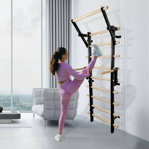 Home Gym Pull Up Ladder Stall Bar With Stable Wall Mount Frame And Wood Rungs For Climbing And Mobility Training in use