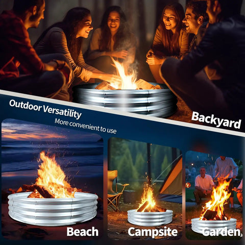 60 Inch Fire Pit Ring Built From 0.8mm Galvanized Steel Heavy Duty Burn Barrel for Wood Burning Fires with Spark Guard in outdoor settings.