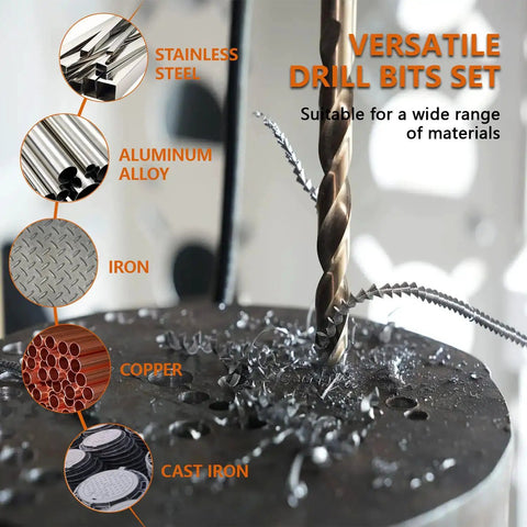 Close-up of a Five Percent Cobalt M35 Drill Bit cutting through metal, showing versatility for stainless steel and cast iron materials.