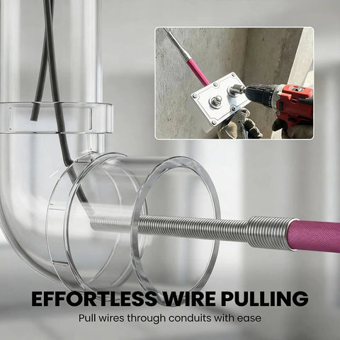 Pro Electrician Wire Pulling Assistant Cable Threading Machine For Wall Wiring Job, showing wire pulling through clear conduit.