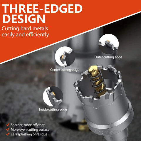 Heavy Duty Tungsten Carbide Hole Saw Drill Bit Set, 10 Pcs With Center Drill And L-Wrench showing three-edged design details