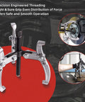 Heavy Duty Gear Puller Set With 3 Inch 4 Inch 6 Inch 8 Inch Jaws, Two And Three Jaw Pullers shown in action and detailed view