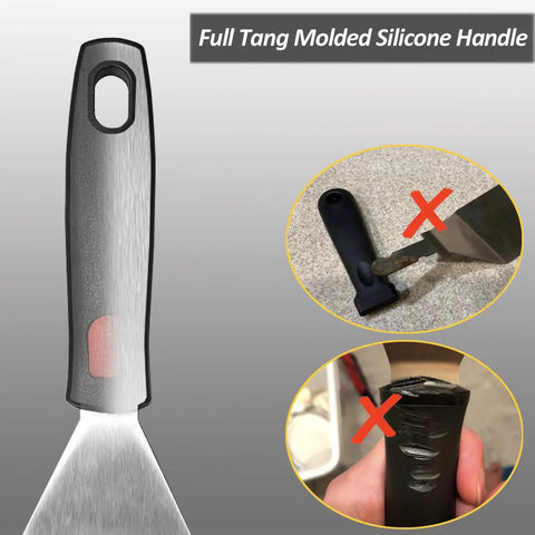 Close-up of a Heavy Duty Cast Iron Skillet Spatula with Full Tang Silicone Handle, highlighting handle durability and design