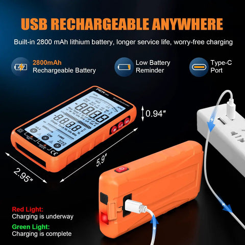 Beast Mode Rechargeable Digital Multimeter Tester With Auto Range TRMS 6000 Counts For AC DC Voltage And Current Temperature Resistance Capacitance Frequency Duty Cycle Continuity Diodes And Non Contact Voltage NCV Tester For Home Tech Projects, orange compact rechargeable unit with Type-C charging