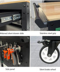 Collage of Heavy-Duty Rolling Utility Cart with Wooden Top, featuring drawer, handle, tools, and caster wheel