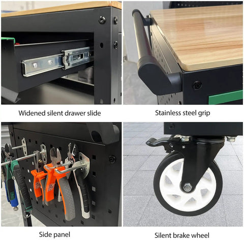 Collage of Heavy-Duty Rolling Utility Cart with Wooden Top, featuring drawer, handle, tools, and caster wheel