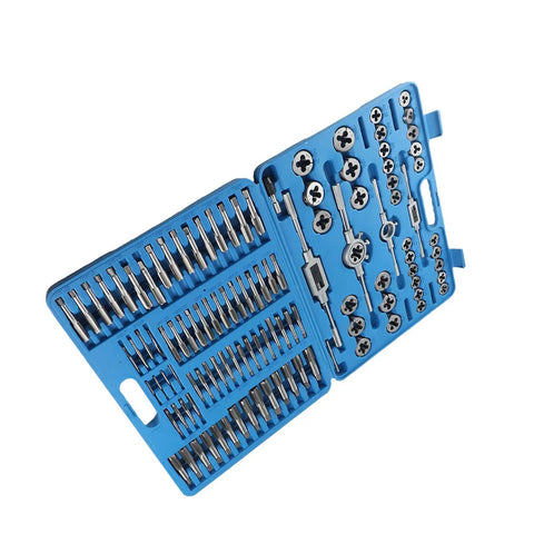 HUIOP Premium 110 Pc Metric Tap And Die Set Wrenches For Steel Hand Threading Kit With Taps Dies Torque Tools Repair Nuts Bolts Gear Fixing, blue case