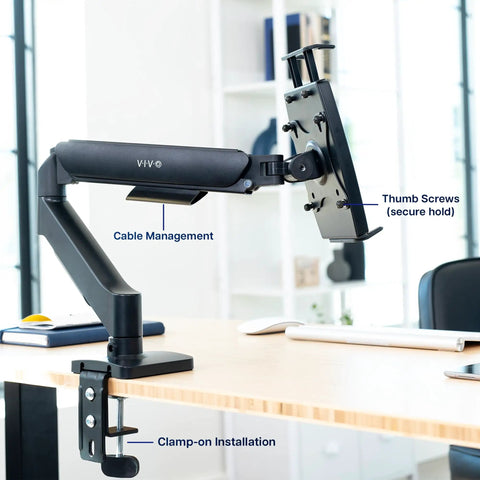 Level Up Your Workspace With This Height Adjustable Counterbalance Desk Mount For Tablets And 15 6 Inch Two In One Laptops Slick Spring Loaded Arm Rock Solid Grip Smooth Glide Finish Black with cable management and clamp-on installation.