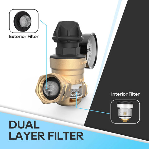Front view of RV water pressure regulator valve with gauge, brass body, dual-layer exterior/interior filters