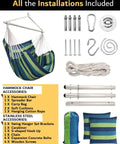 Ultra Large Hammock Chair Swing With Two Cushions Supports Up To 500 Pounds For Patio Porch Bedroom Backyard Indoor Or Outdoor Use Includes Hanging Hardware Kit with installation components shown.