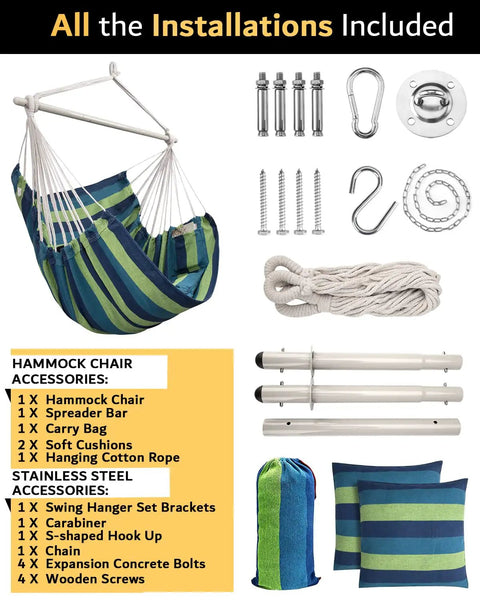 Ultra Large Hammock Chair Swing With Two Cushions Supports Up To 500 Pounds For Patio Porch Bedroom Backyard Indoor Or Outdoor Use Includes Hanging Hardware Kit with installation components shown.