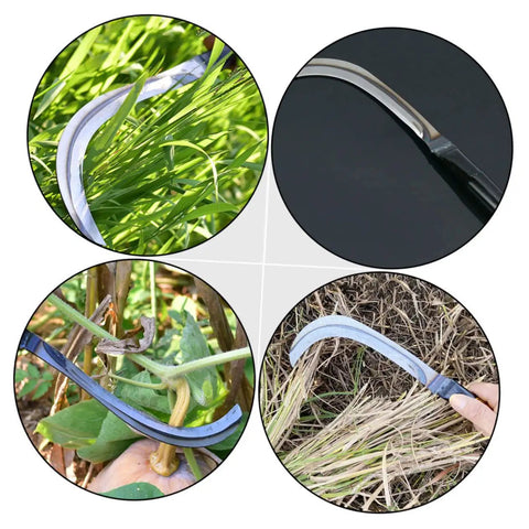Two Piece Multi Function Mowing Tool Rustproof Scythe For Weeding Harvesting Gardening With Comfortable Grip showing close-up views in use