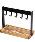 Solid Five Hook Table Key Holder With Torched Wood Base And Rustic Industrial Countertop Rack Knocks Out Clutter for keys and coins.