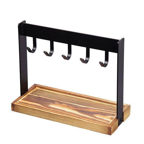 Solid Five Hook Table Key Holder With Torched Wood Base And Rustic Industrial Countertop Rack Knocks Out Clutter for keys and coins.