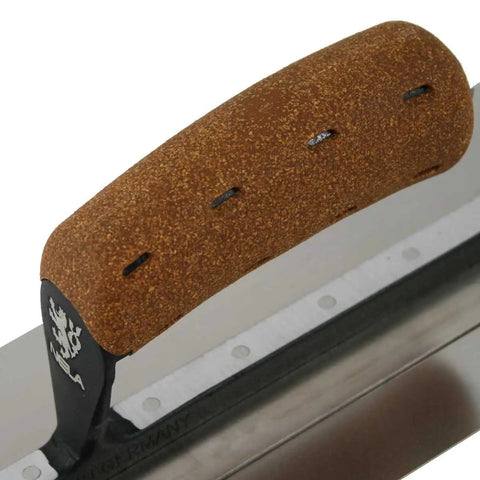 Close-up of Premium Superflex Finishing Trowel 11 By 4.3 Inches With Cork Handle BiKo Grip, German Made Quality, stainless blade