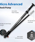 High Pressure Shock Pump With Gauge For Bike Suspension Up To 300 PSI, compact pump with metal head, T-handle, and air release button
