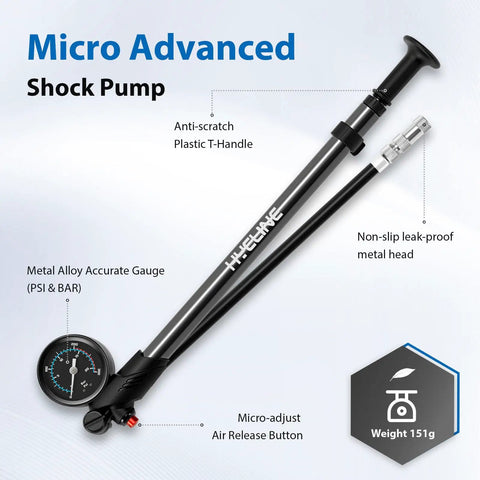 High Pressure Shock Pump With Gauge For Bike Suspension Up To 300 PSI, compact pump with metal head, T-handle, and air release button