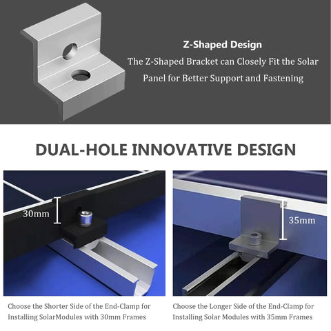 Heavy Duty 10 Pack Solar Panel End Clamps for 30 mm and 35 mm PV Modules, showing Z-shaped design for better support.