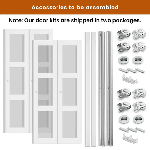 Sliding Barn Closet Doors 96x80 Inches Double Panel With Frosted Glass 3 Panel Privacy White MDF PVC Surface Hardware Included No Fuss Easy Install Smooth Glide Modern Farmhouse Style accessories and hardware kit